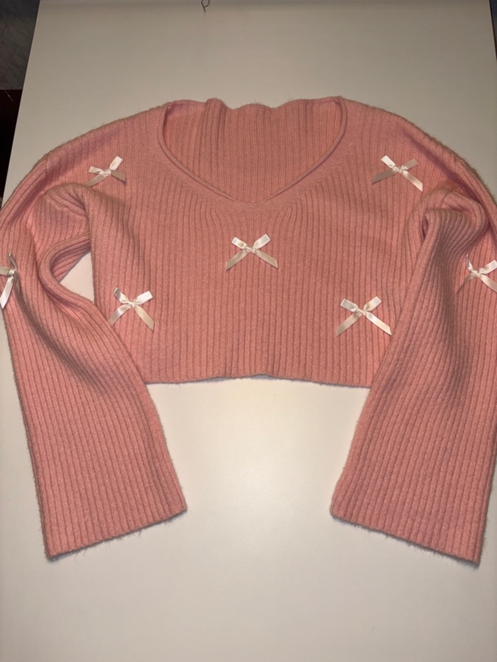 Pink Ribbed Cropped Sweater with Satin Bows